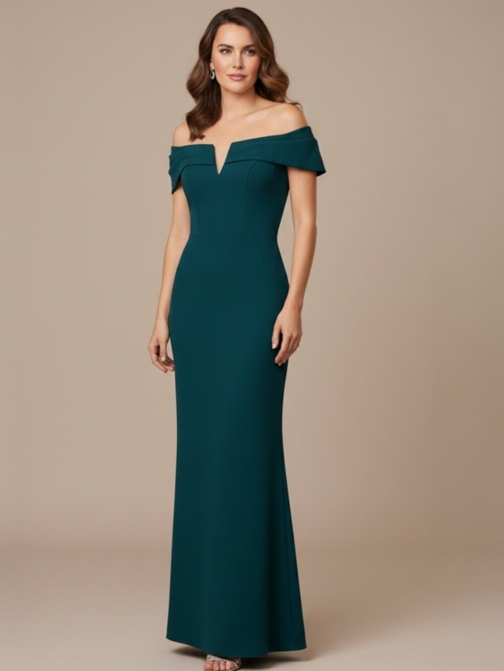 Betsey & Adam Long Scuba Crepe Off Shoulder Formal Dress Dark Green Size 6 NWT